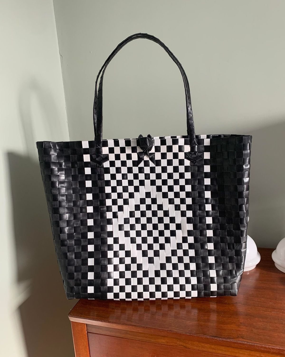 Black and White Diamond Design Woven Tote Bag | Handmade Upcycled Tote Bag - YGN Collective