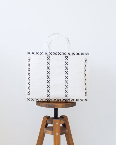 White Criss-Cross Woven Upcycled Basket | Shopper Bag | Beach Basket - YGN Collective