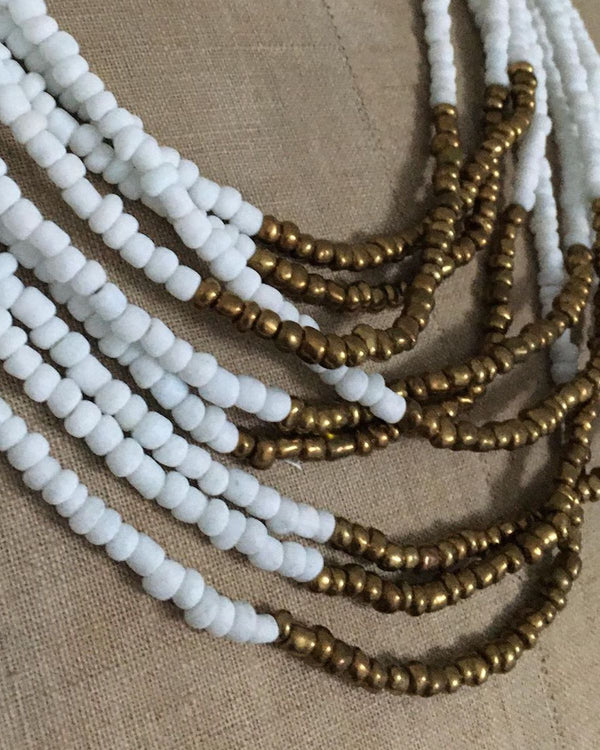 White Opaque Glass Bead Necklace with Bronze Accent Tribal Style
