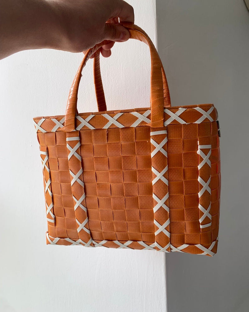 Orange and White Cross Design Basket | Upcycled Shopping Basket - YGN Collective