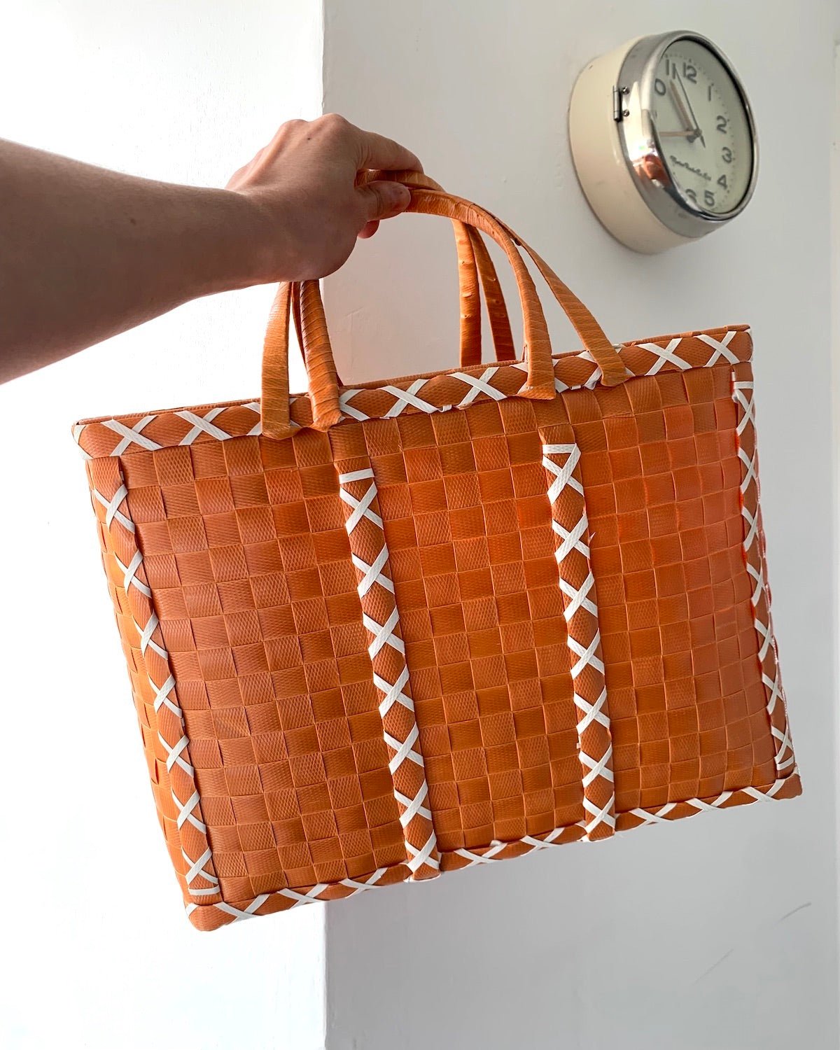 Orange and White Cross Design Basket | Upcycled Shopping Basket - YGN Collective