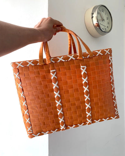 Orange and White Cross Design Basket | Upcycled Shopping Basket - YGN Collective