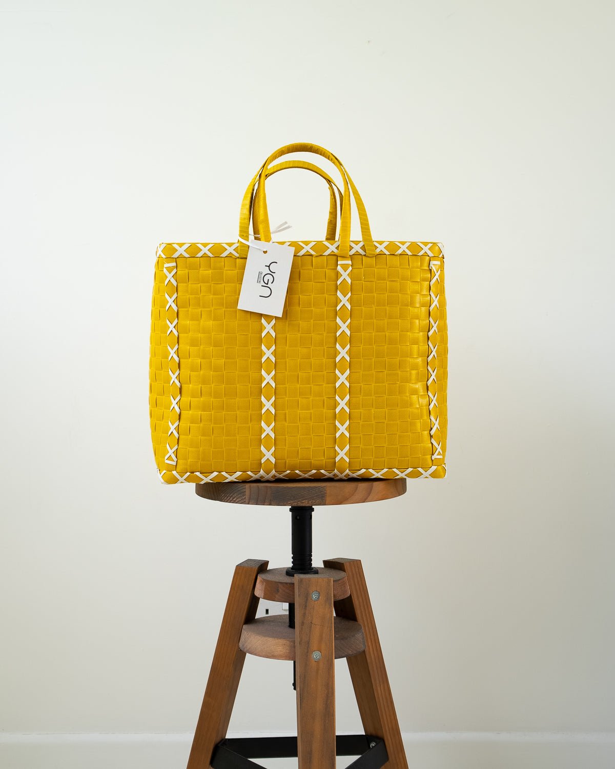Yellow and White Cross Design Basket | Shopper Bag | Laundry Basket | Summer Basket - YGN Collective