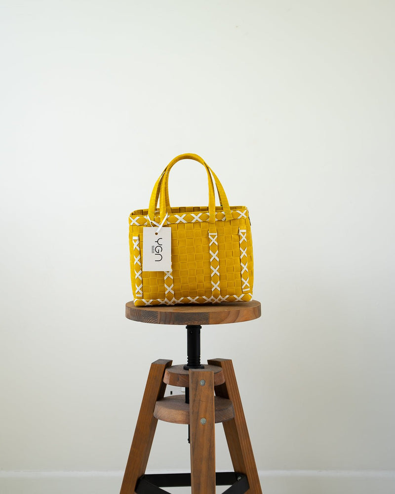 Yellow and White Cross Design Basket | Shopper Bag | Laundry Basket | Summer Basket - YGN Collective