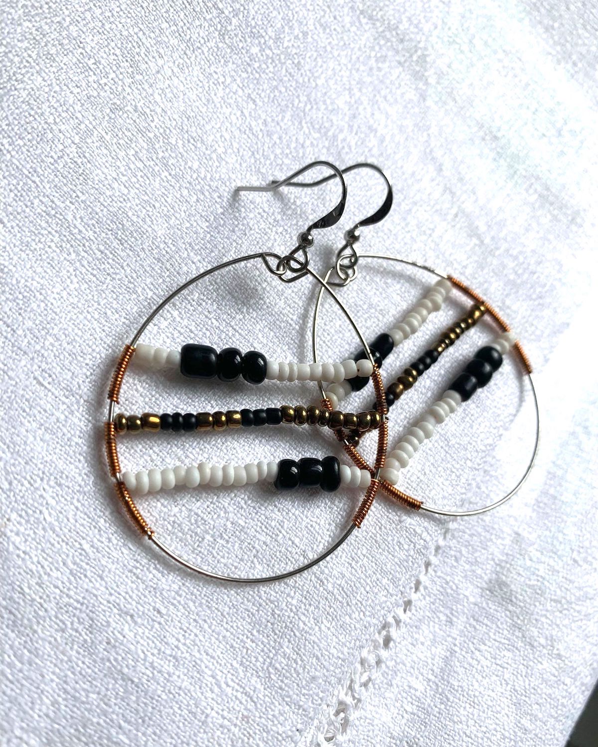 Beaded Drop Earrings in White, Black and Copper | Cute Ethical Earrings | Artisan Jewellery - YGN Collective