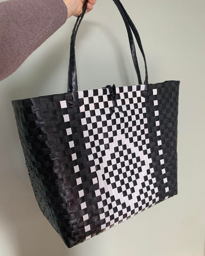 Black and White Diamond Design Woven Tote Bag | Handmade Upcycled Tote Bag - YGN Collective