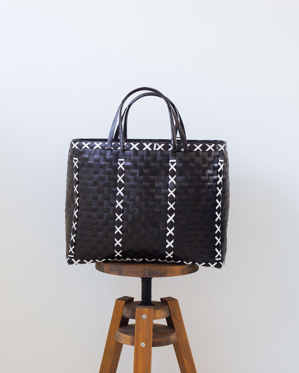 Black with White Stitch Woven Upcycled Basket | Shopper Bag | Beach Basket - YGN Collective