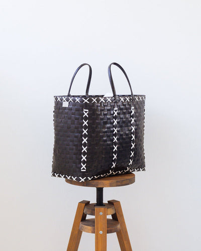 Black with White Stitch Woven Upcycled Basket | Shopper Bag | Beach Basket - YGN Collective