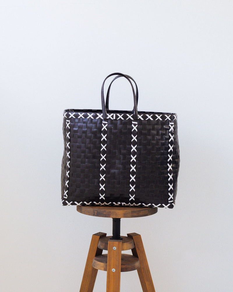 Black with White Stitch Woven Upcycled Basket | Shopper Bag | Beach Basket - YGN Collective