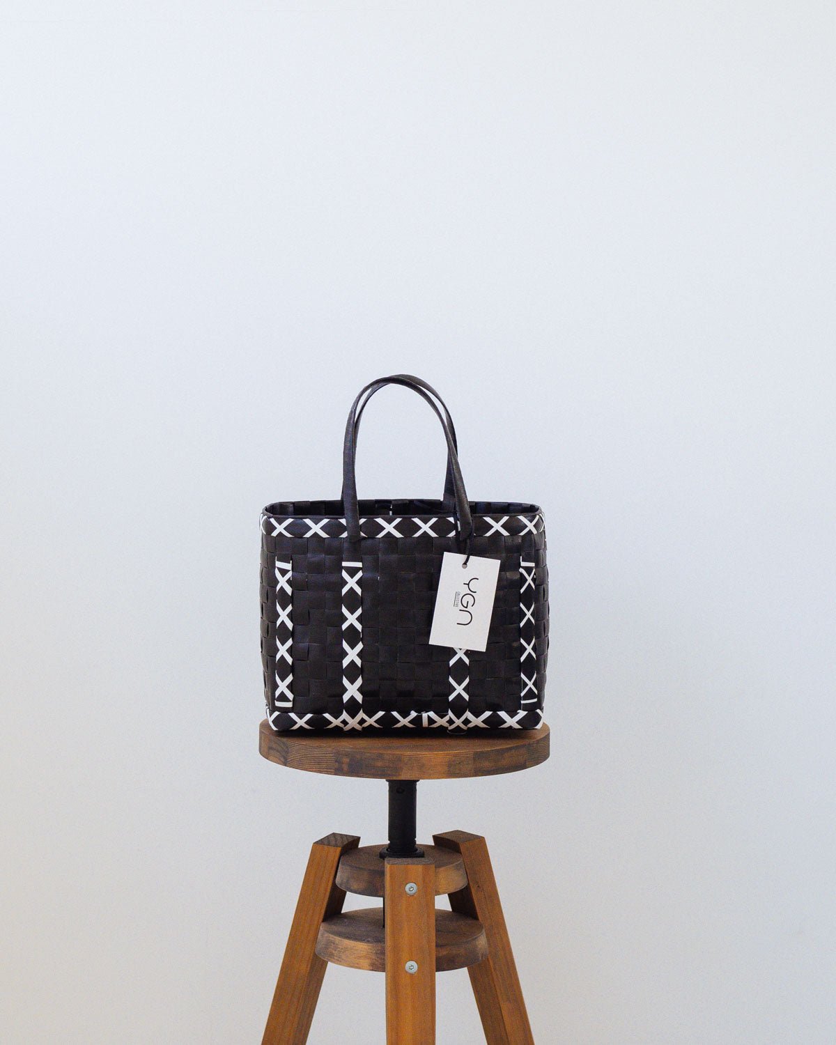Black with White Stitch Woven Upcycled Basket | Shopper Bag | Beach Basket - YGN Collective