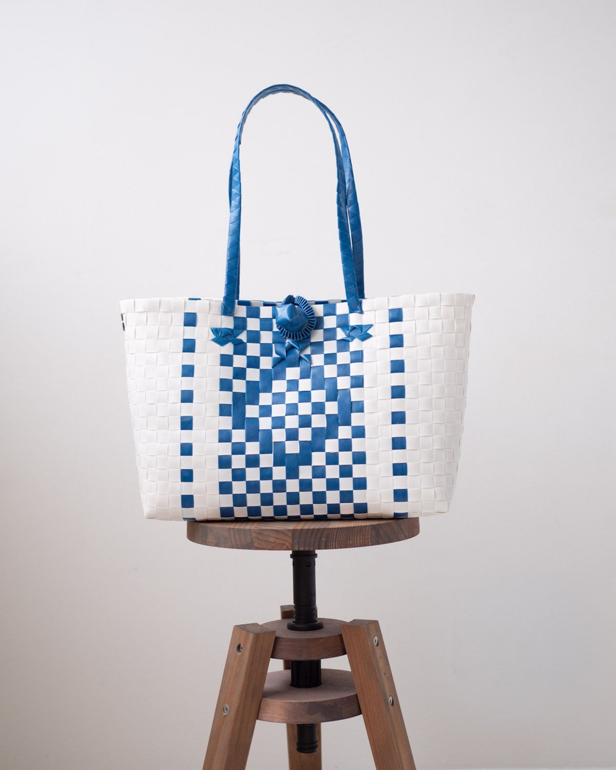 Blue Diamond Design Woven Tote Summer Bag, Handmade Baskets
