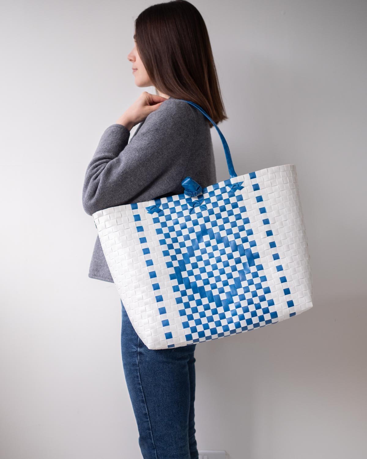 Blue Diamond Design Woven Tote Summer Bag, Handmade Baskets
