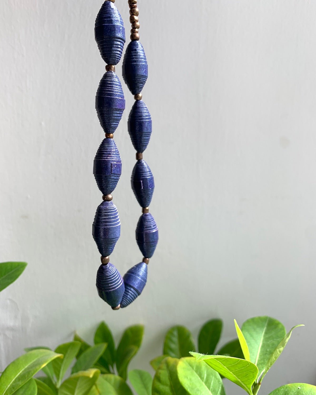 Blue Paper Bead and Small Bronze Bead Necklace | Handmade in Yangon, Myanmar - YGN Collective