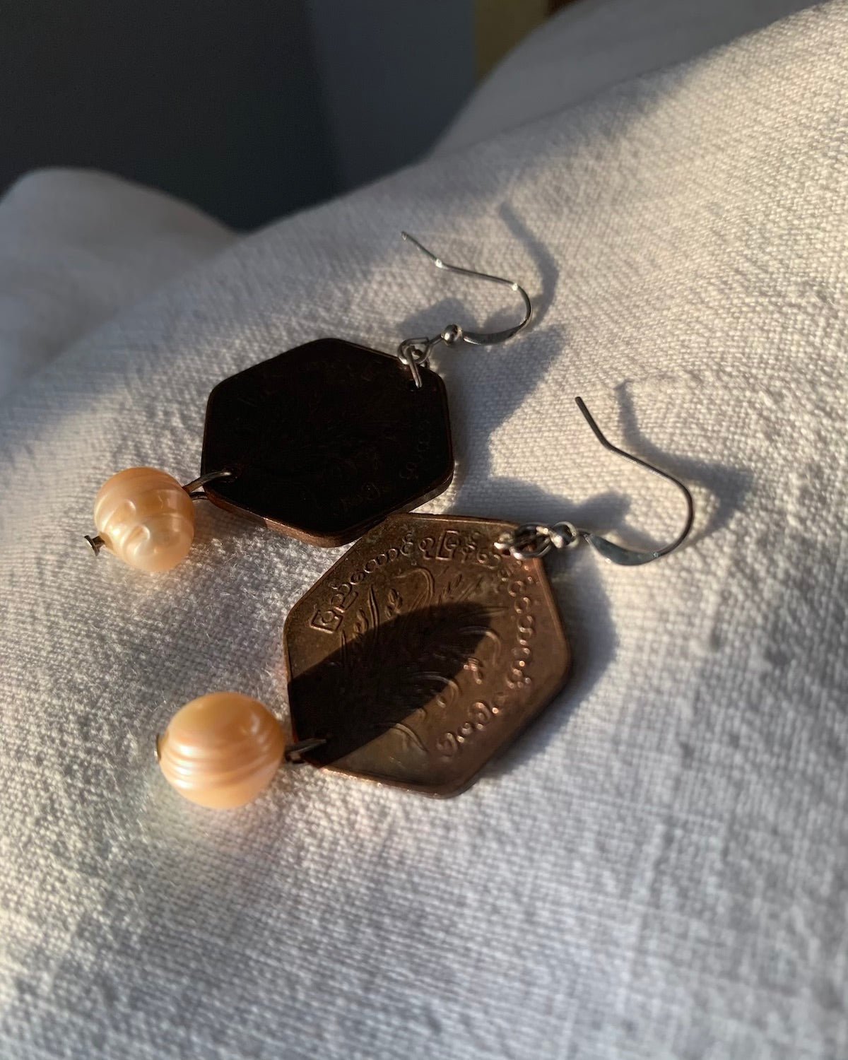 Bronze Colour Upcycled Burmese Coin Earrings with Pink Pearl | One of a Kind Drop Earrings - YGN Collective
