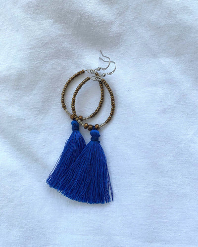 Circular Design Gold Bead and Blue Tassel Earrings | Handmade in Myanmar - YGN Collective