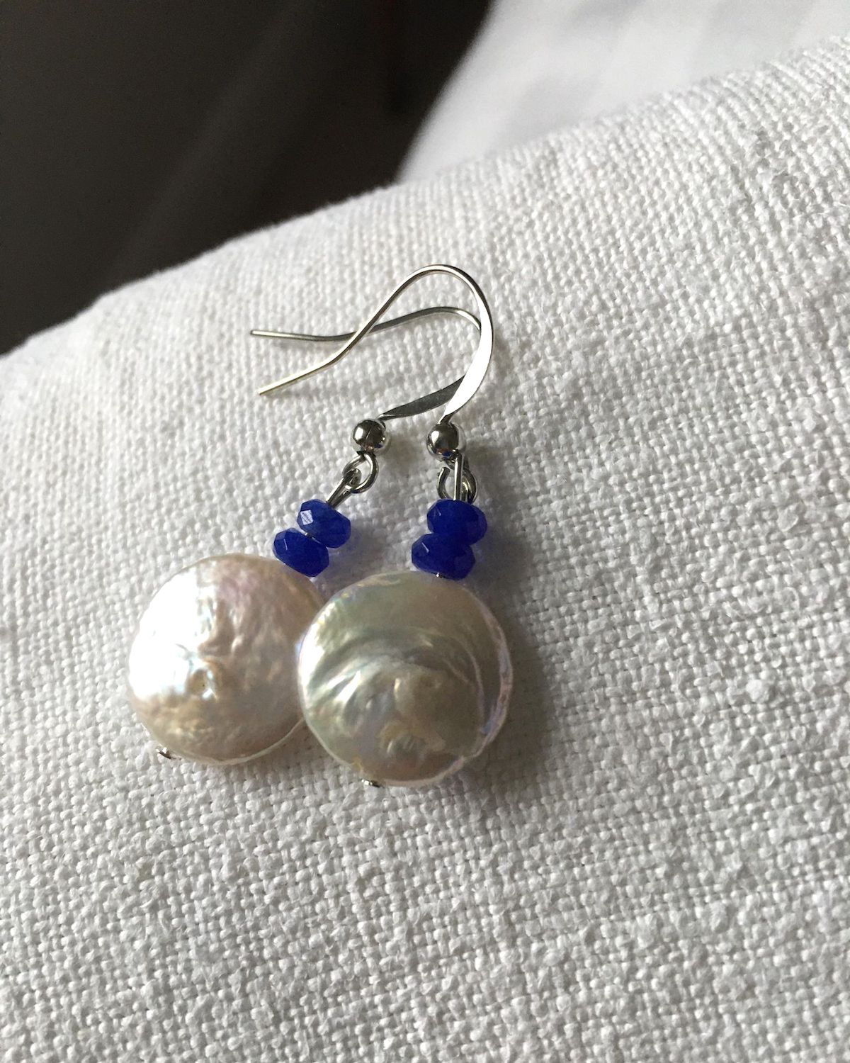 Circular Freshwater Pearl and Lapis Lazuli Earrings | Drop Earrings | Handmade in Myanmar - YGN Collective