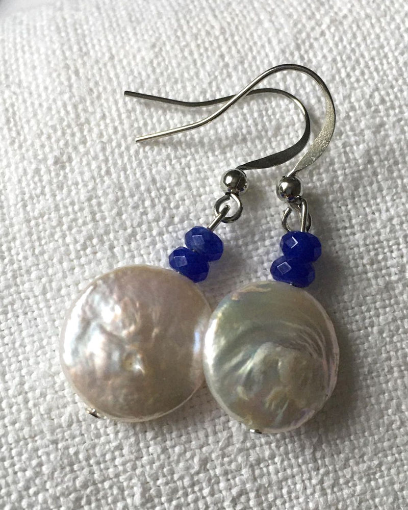 Circular Freshwater Pearl and Lapis Lazuli Earrings | Drop Earrings | Handmade in Myanmar - YGN Collective