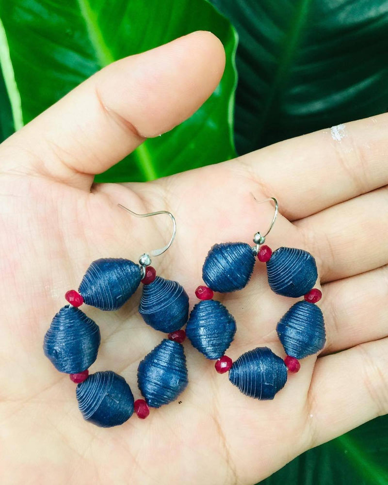 Midnight Blue Paper Bead and Red Quartz Bead Earrings | Handmade in Yangon, Myanmar
