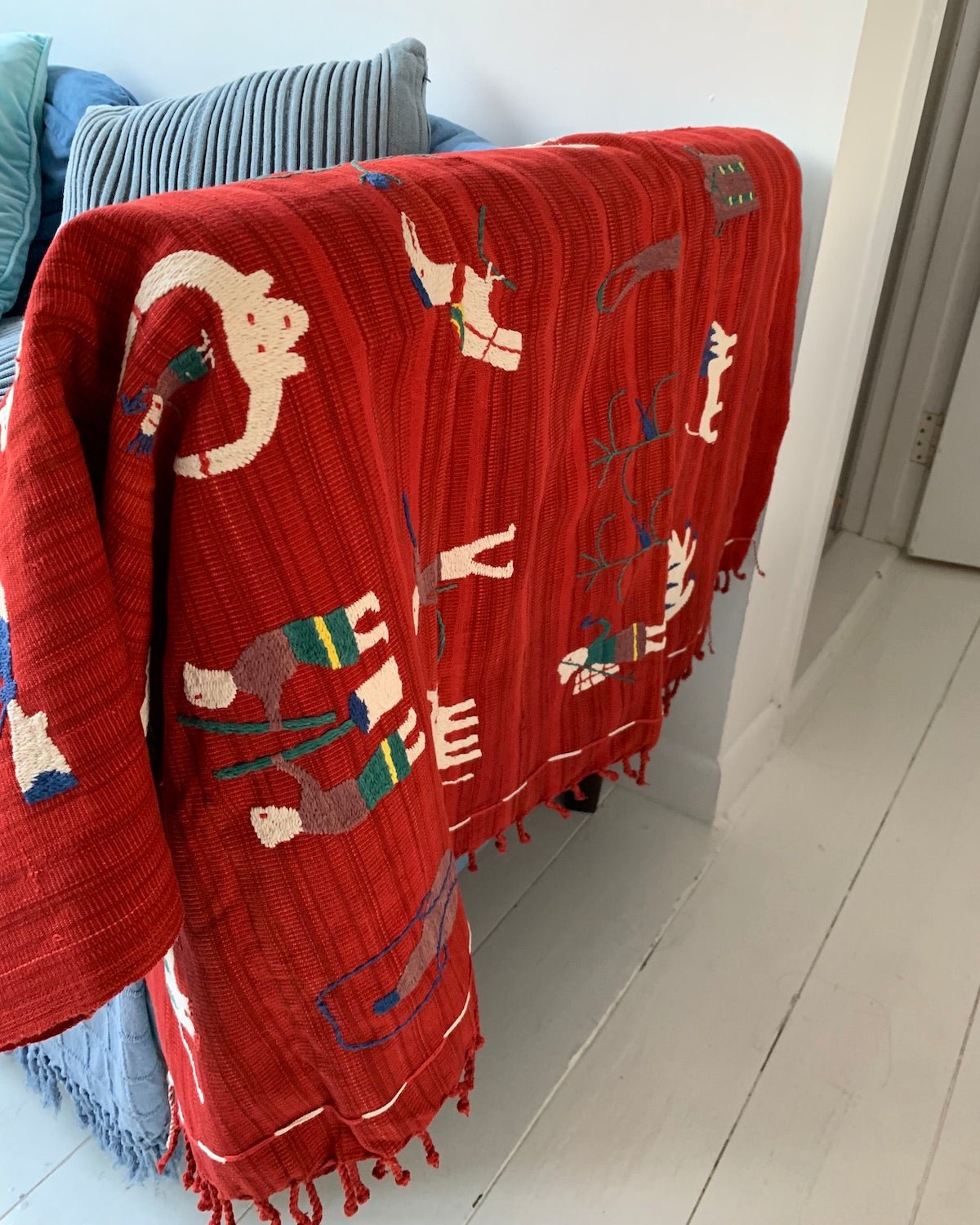 Embroidered Blanket Throw, Wall Hanging, Tapestry in Red | Chin State Textile | Artisan-made Blanket - YGN Collective