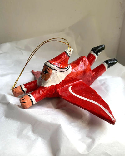 Flying Santa Christmas Decoration | Handmade Papier Mache Father Christmas Ornament | 3D Kitsch Christmas Hanging Decoration - YGN Collective