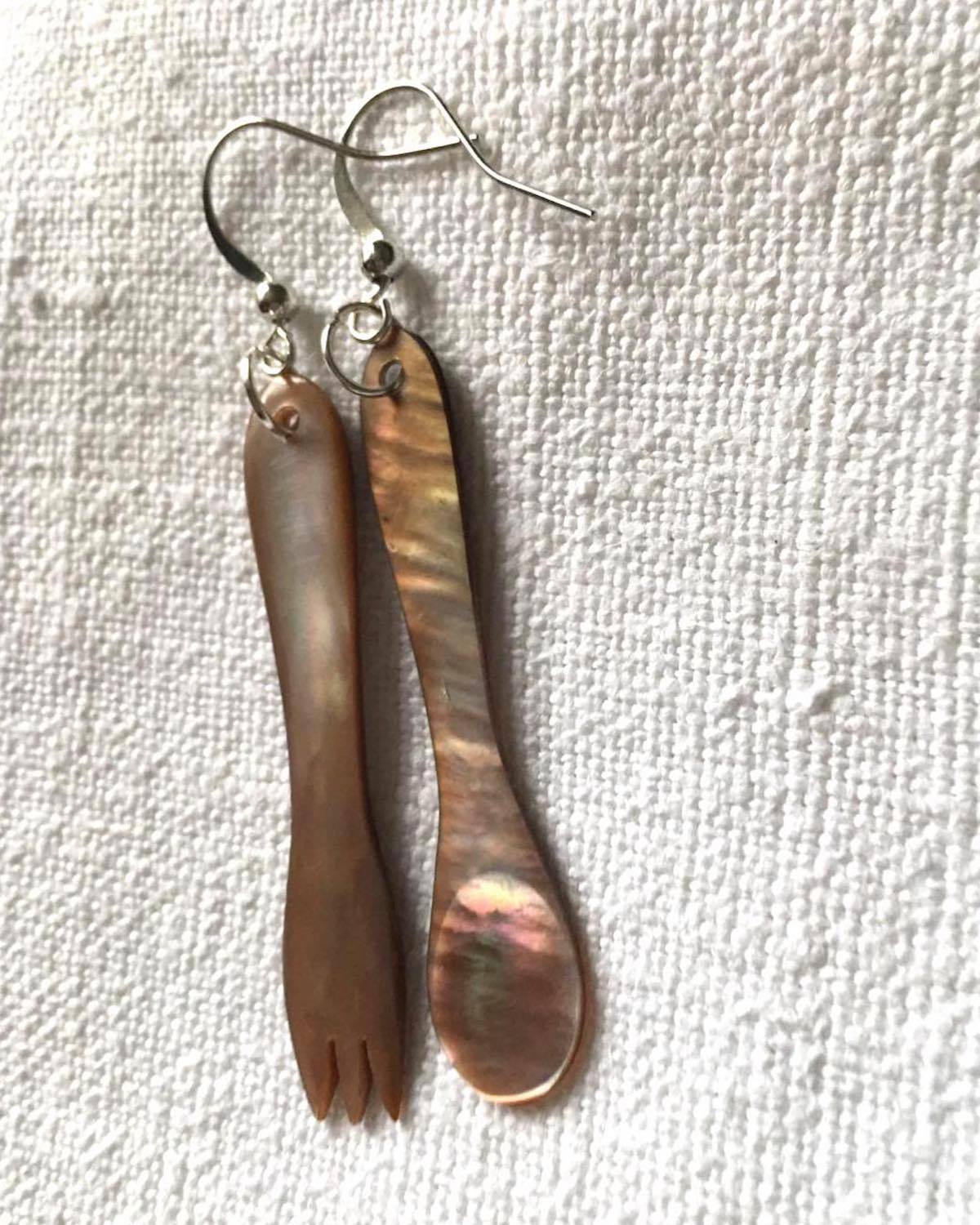Fork and Spoon Mother of Pearl Earrings | Handmade in Myanmar | Novelty Earrings for the Foodie - YGN Collective