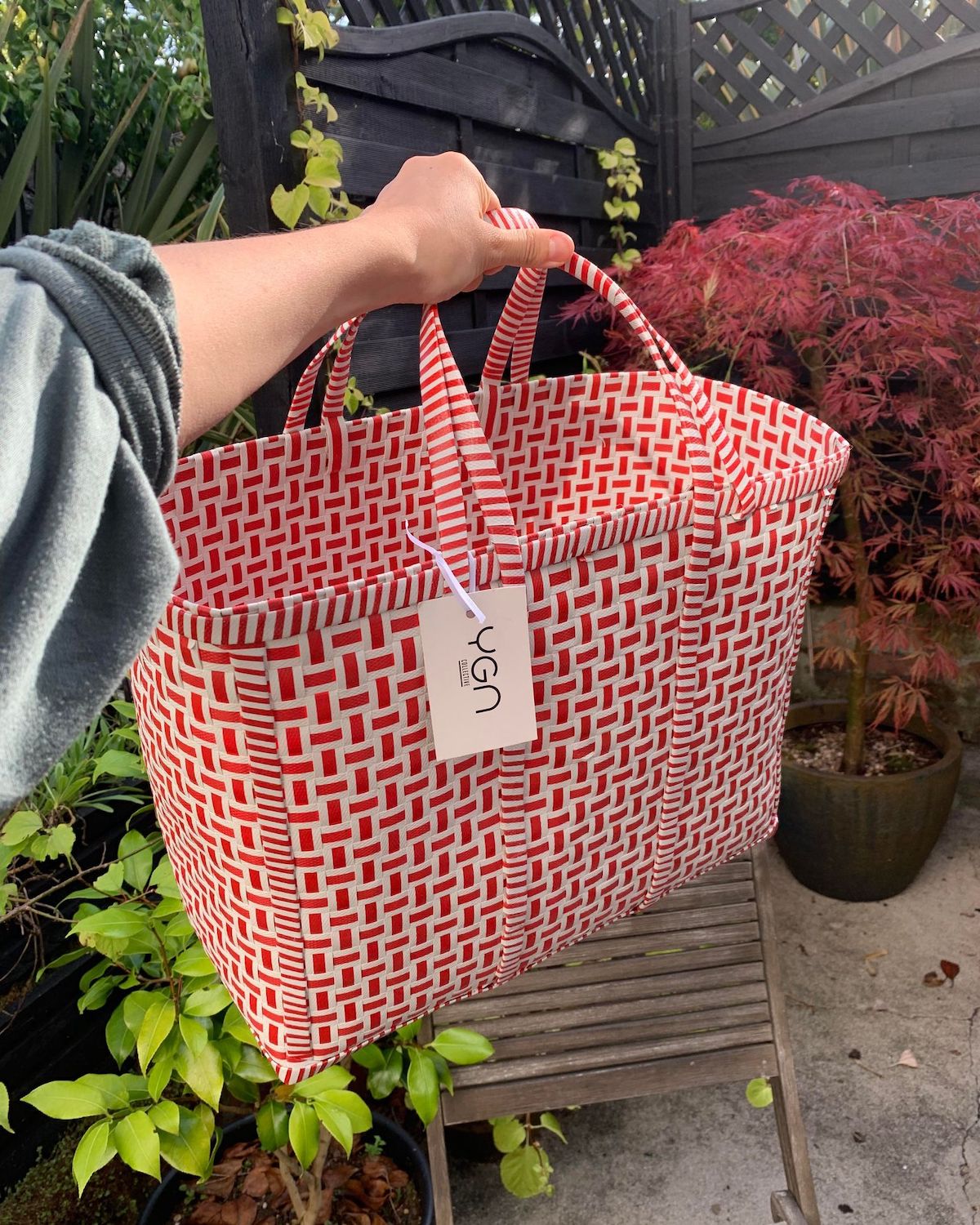 Basket in Red & White | Shopping Basket | Upcycled Plastic Storage Basket |  Home Basket Laundry Basket