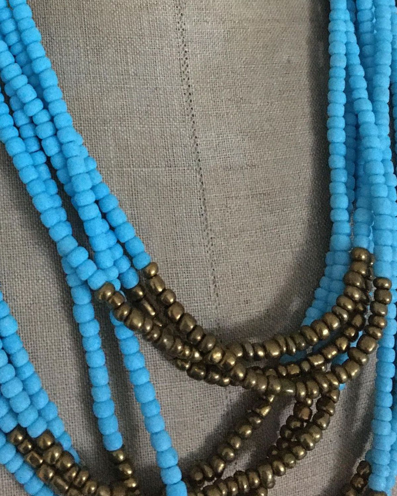 Light Blue Opaque Glass Bead Necklace with Bronze Accent | Tribal Style Necklace | Handmade in Myanmar - YGN Collective
