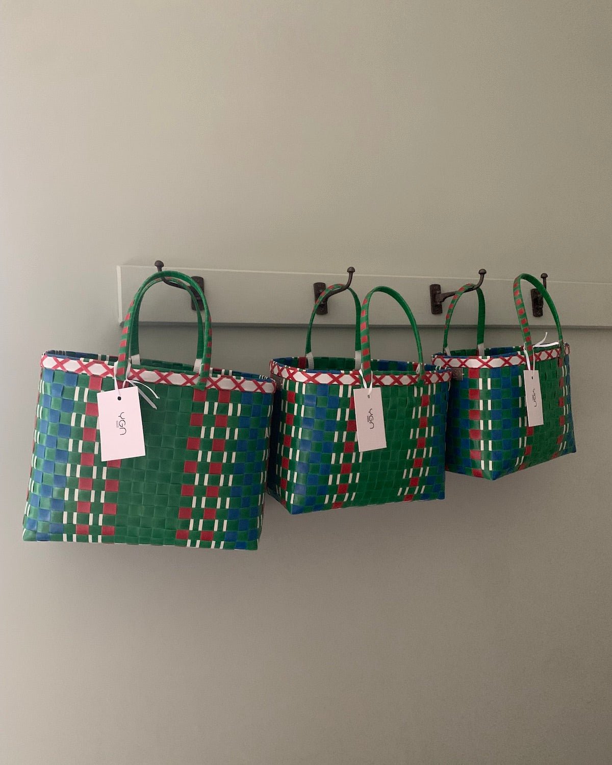 Limited Edition Basket in Green & Red Tones | Upcycled Handwoven Shopper Bag | Storage Basket - YGN Collective