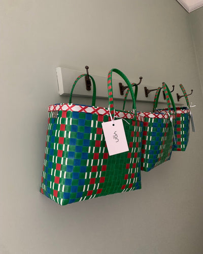 Limited Edition Basket in Green & Red Tones | Upcycled Handwoven Shopper Bag | Storage Basket - YGN Collective
