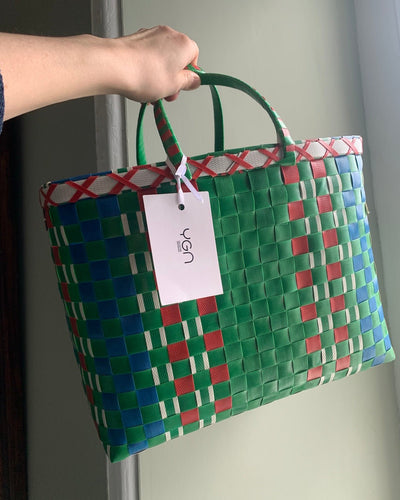 Limited Edition Basket in Green & Red Tones | Upcycled Handwoven Shopper Bag | Storage Basket - YGN Collective