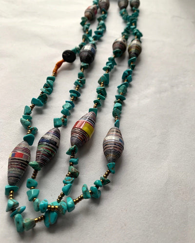 Long Burmese Necklace with Abstract Paper, Bronze and Turquoise Style Beads - YGN Collective