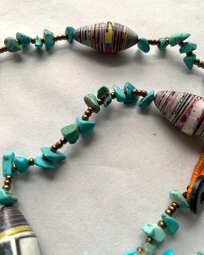 Long Burmese Necklace with Abstract Paper, Bronze and Turquoise Style Beads - YGN Collective