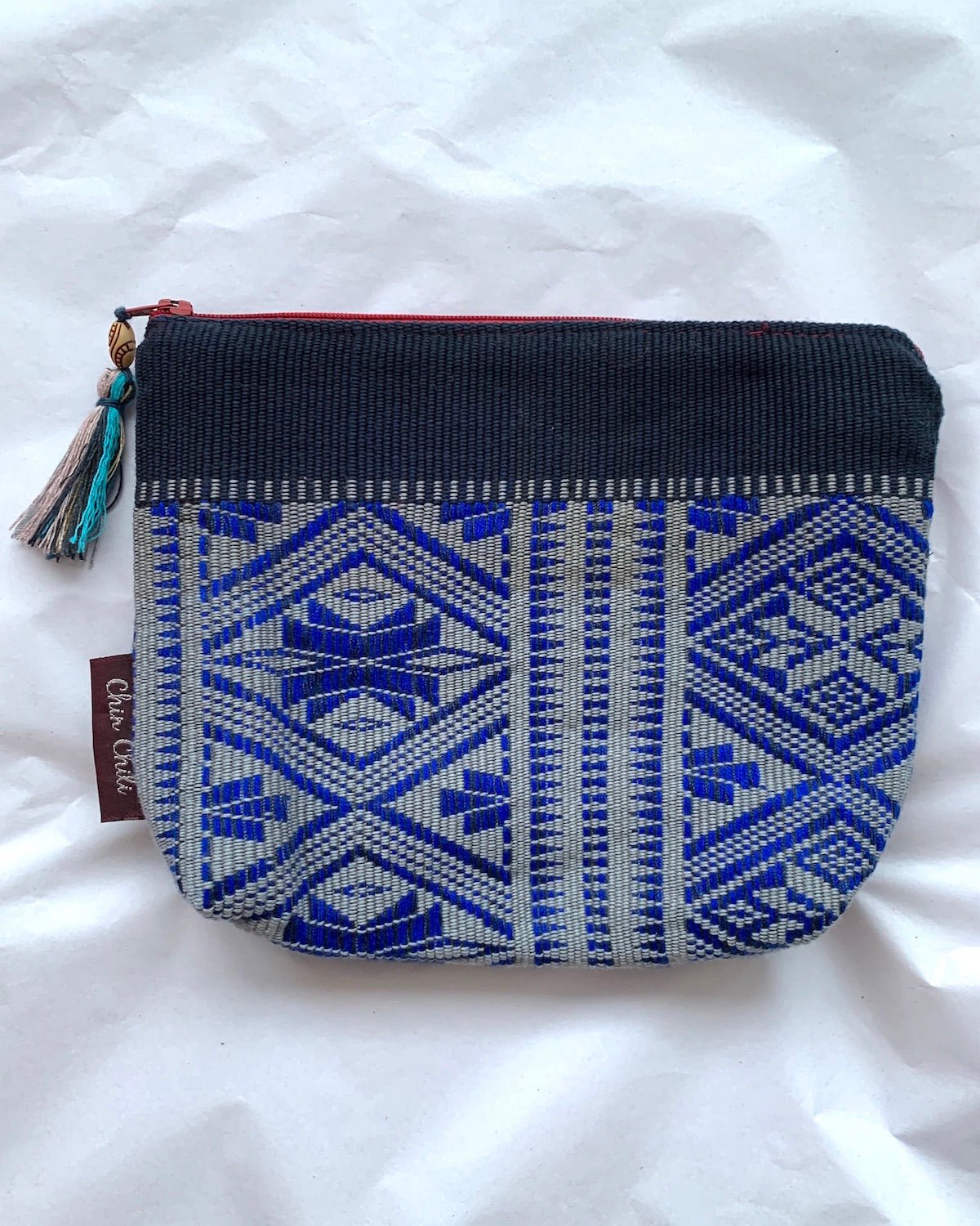 Makeup Bag, Zip Purse in Blue with Tassel | Chin Textile Purse with Tassel - YGN Collective