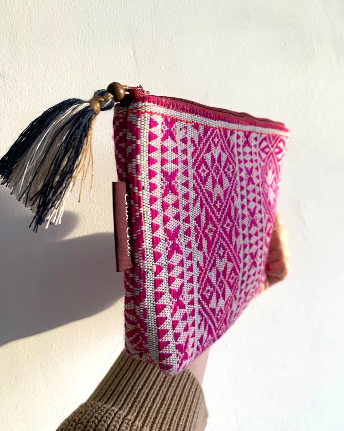 Makeup Bag, Zip Purse in Magenta Pink with Tassel | Chin Textile Purse with Tassel - YGN Collective