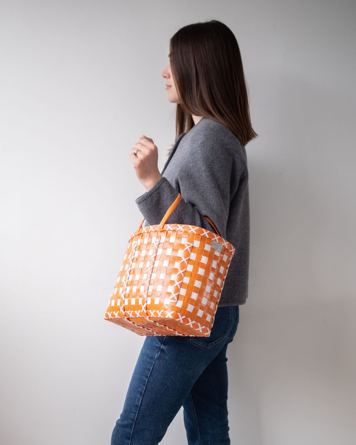 Orange and White Cross Design Basket, Handmade Baskets