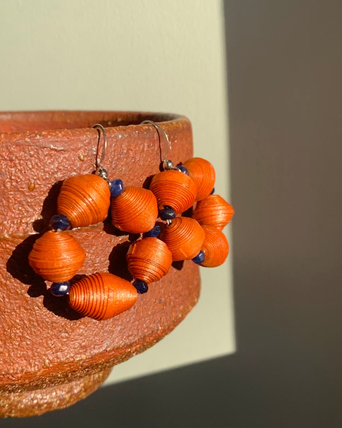 Orange Paper Bead and Blue Quartz Bead Earrings | Handmade in Yangon, Myanmar - YGN Collective