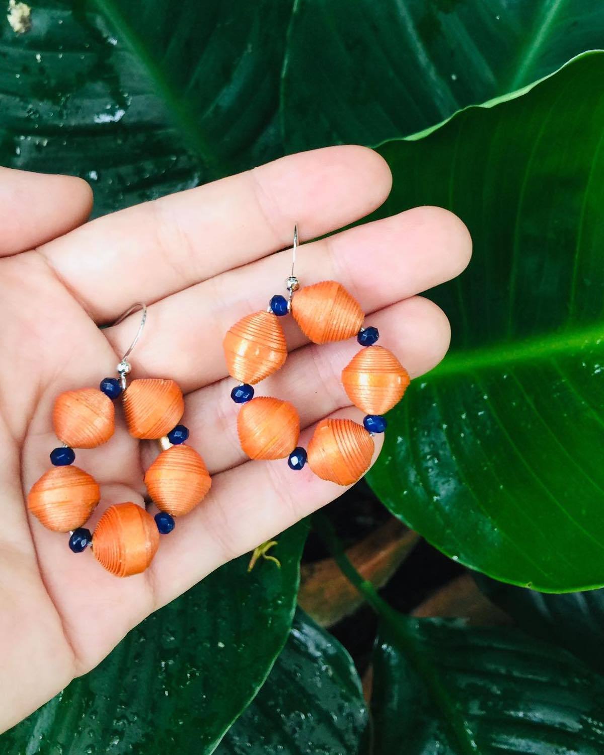 Orange Paper Bead and Lapis Lazuli Stone Earrings | Handmade in Yangon, Myanmar - YGN Collective