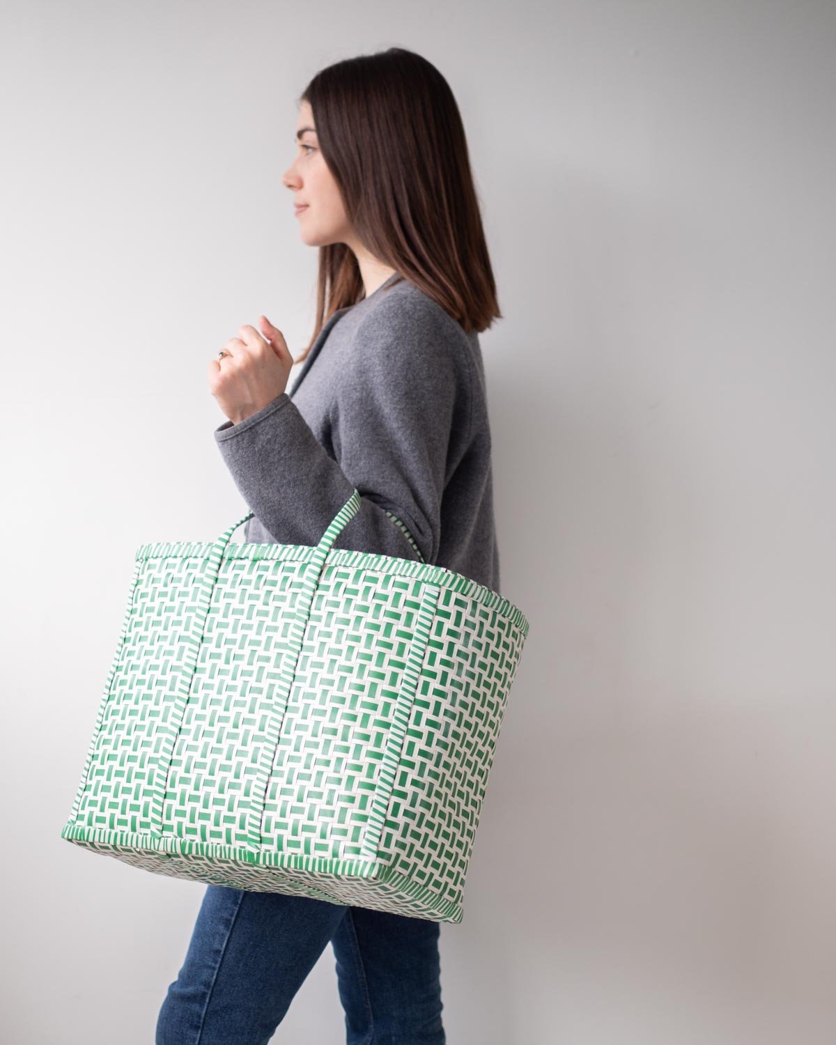 Original Basket in Green and White Handmade Shopping Baskets