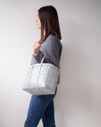 Original Basket in Grey & White | Shopper Bag | Beach Basket | Woven Upcycled Top Handle Bag - YGN Collective