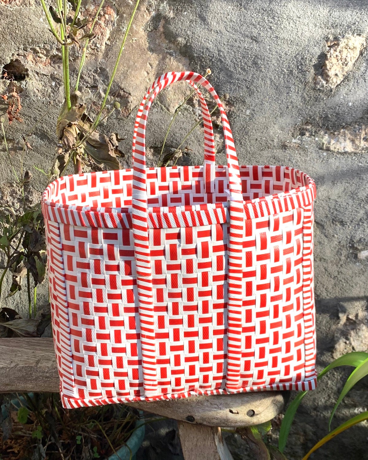 Original Basket in Red & White | Upcycled Handwoven Shopper Bag | Beach Basket - YGN Collective