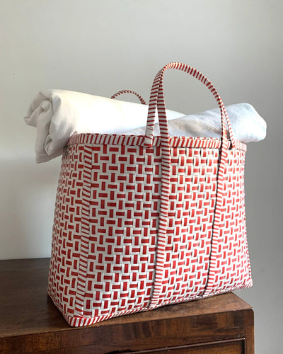 Original Basket in Red & White | Upcycled Handwoven Shopper Bag | Beach Basket - YGN Collective