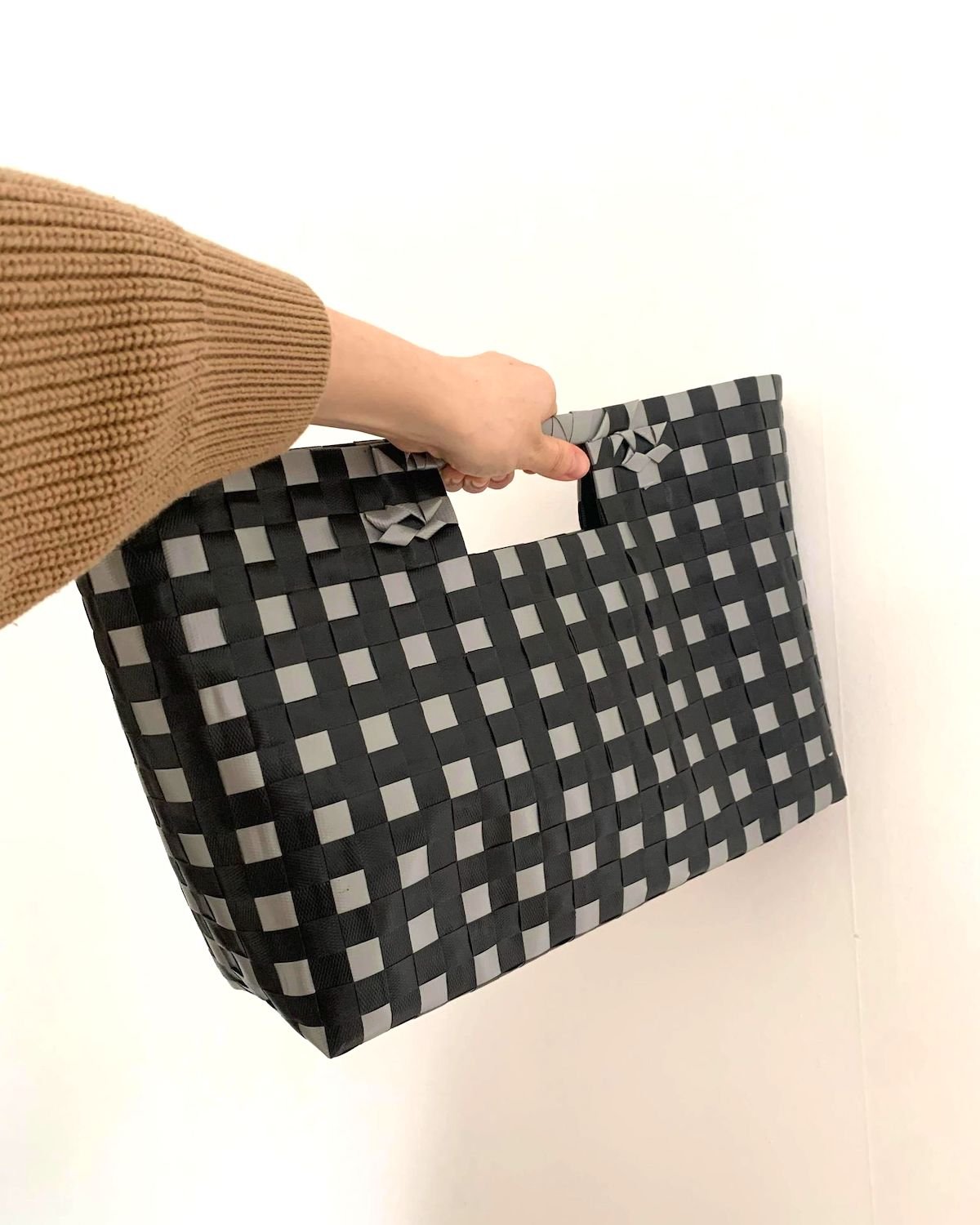 Oversized Upcycled Clutch Bag in Black and Grey, Woven Clutch Bag