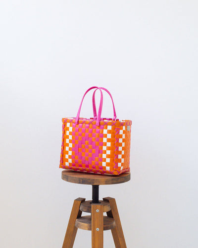 Pink and Orange Diamond Design Basket | Upcycled Handwoven Shopper Bag - YGN Collective