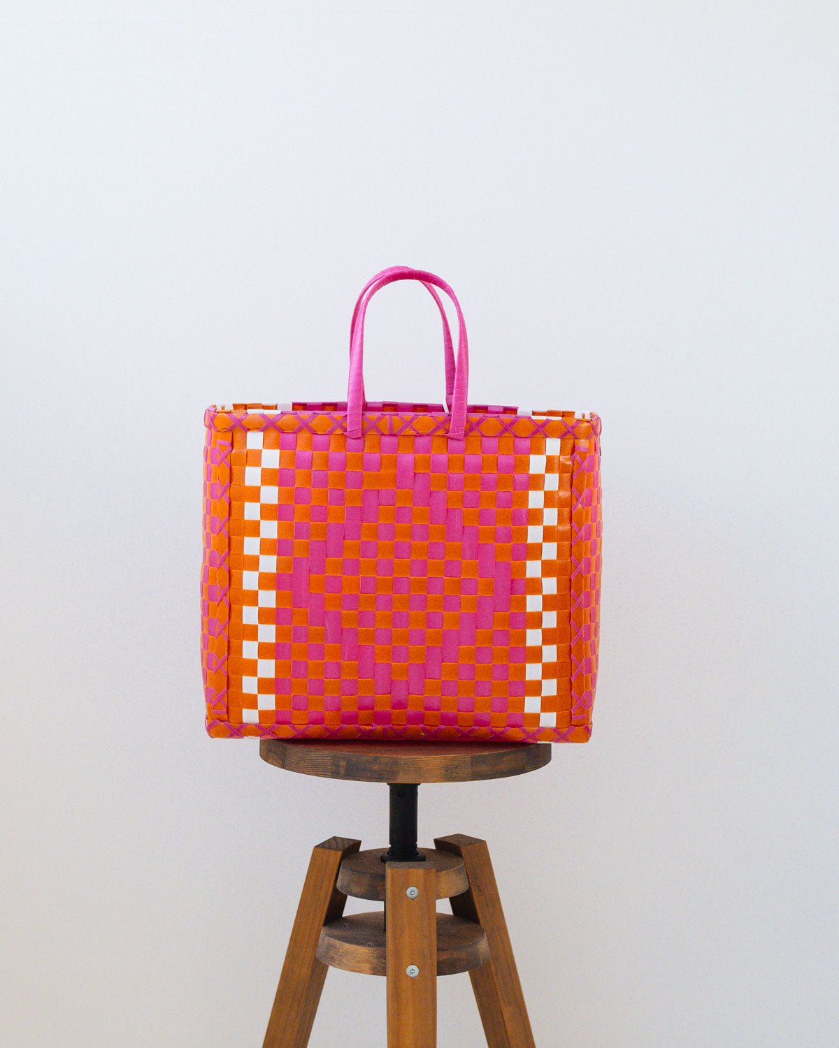 Pink and Orange Diamond Design Basket | Upcycled Handwoven Shopper Bag - YGN Collective