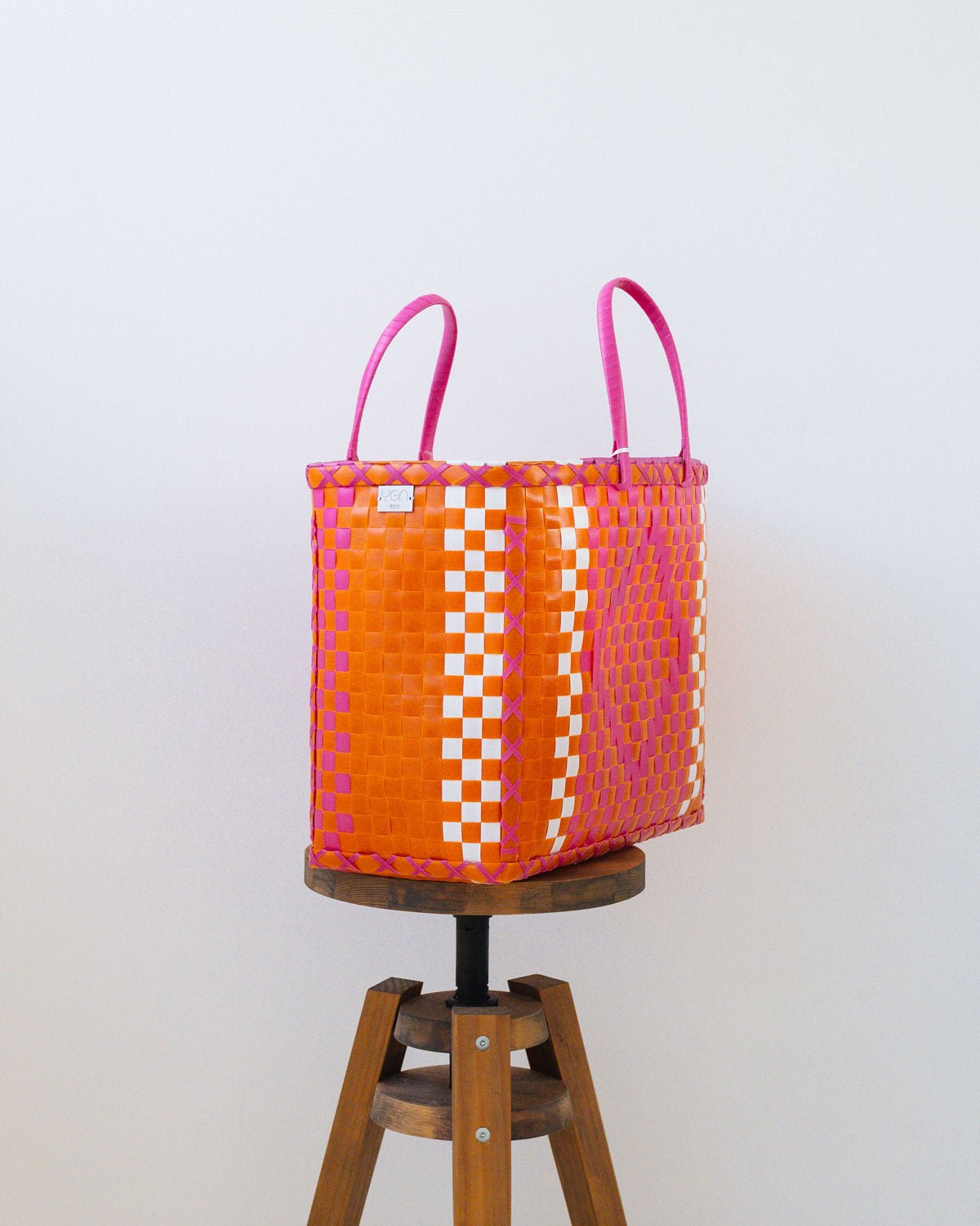 Pink and Orange Diamond Design Basket | Upcycled Handwoven Shopper Bag