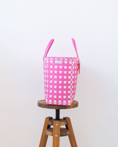 Pink Criss-Cross Woven Upcycled Basket | Shopper Bag | Beach Basket - YGN Collective