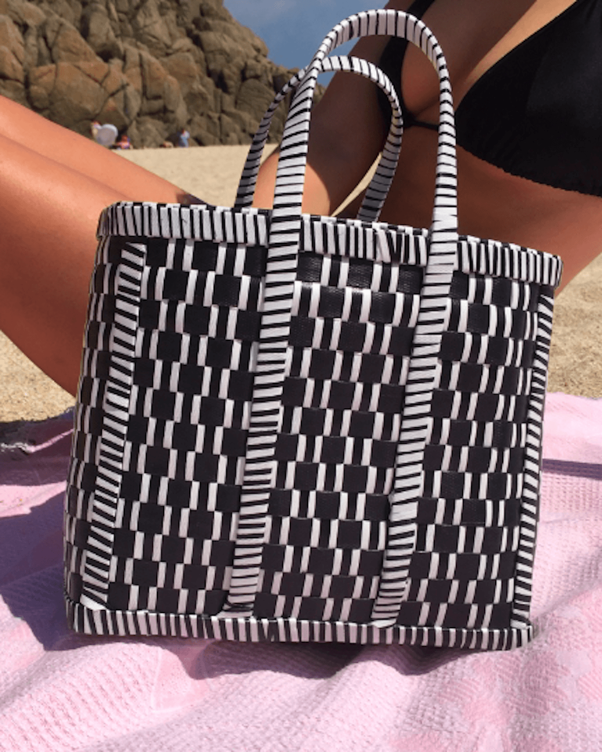Reverse Black and White Woven Basket | Upcycled Handwoven Shopper Bag | Beach Basket - YGN Collective