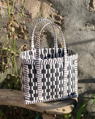 Reverse Black and White Woven Basket | Upcycled Handwoven Shopper Bag | Beach Basket - YGN Collective