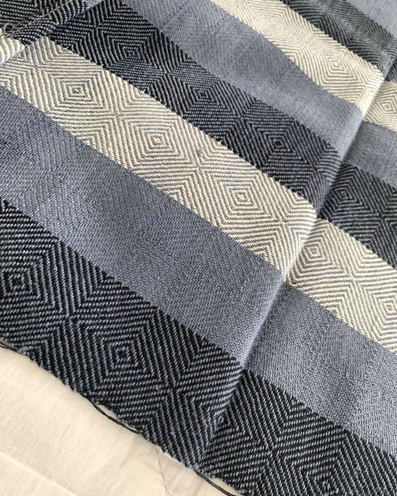 Stripey Blue and White Burmese Blanket Throw, Loom Woven, 100% Cotton, Traditional Ethnic Design - YGN Collective
