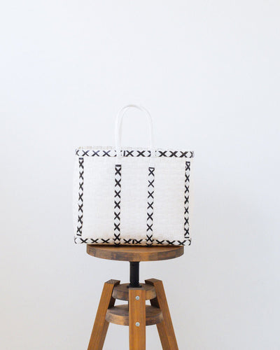White Criss-Cross Woven Upcycled Basket | Shopper Bag | Beach Basket - YGN Collective